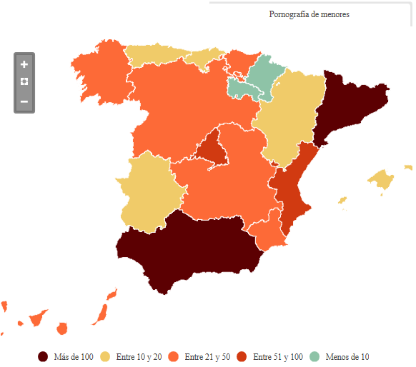 En cuanto a los delitos de pornografía infantil, también Andalucía está entre los dos primeros, con 136 casos, pero por detrás de Cataluña, con 195
