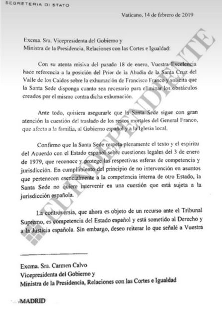 Carta del Vaticano filtrada por El Independiente