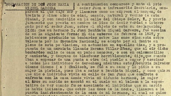 Declaración de un testigo sobre los asesinatos del 14 de febrero de 1937 en Manises.